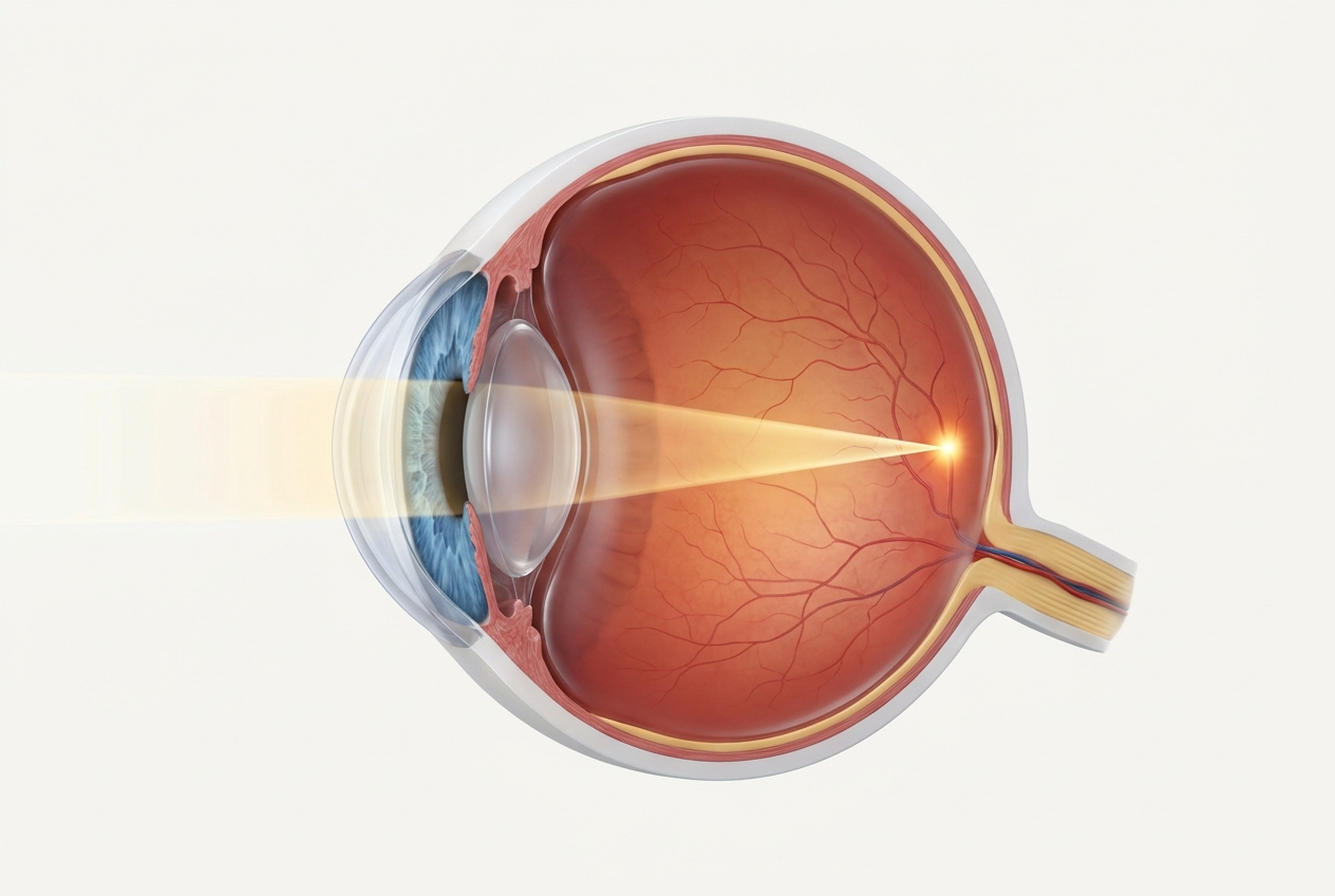 Sezione di un occhio normale: la luce converge esattamente sulla retina.