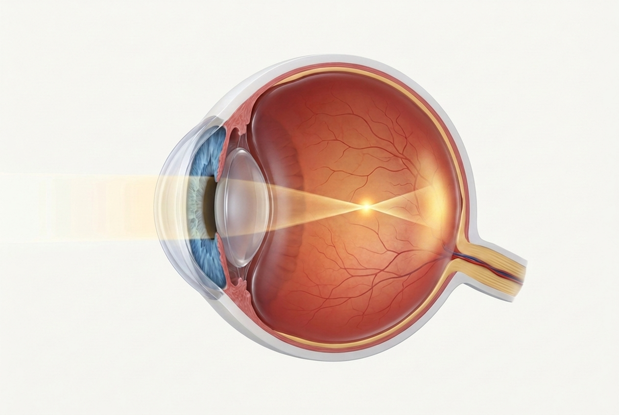 Sezione di un occhio miope: il bulbo e' allungato e la luce converge prima della retina.